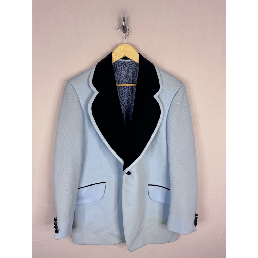 Vintage Drapeshire Men 40 Light Blue Knit Tuxedo Blazer Black Velvet Lapel 70s